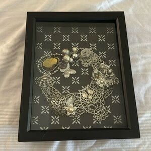 OOAK Owl wreath jewelry mosaic on navy w/black shadow frame with easel & glass.